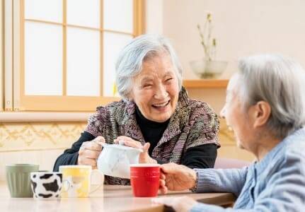 二人の高齢者が笑顔で会話している様子
